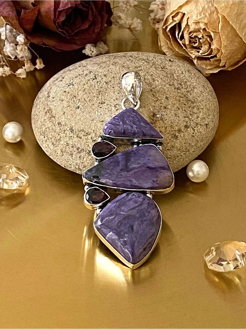 Russian Charoite And Amethyst Hand Crafted Pendant